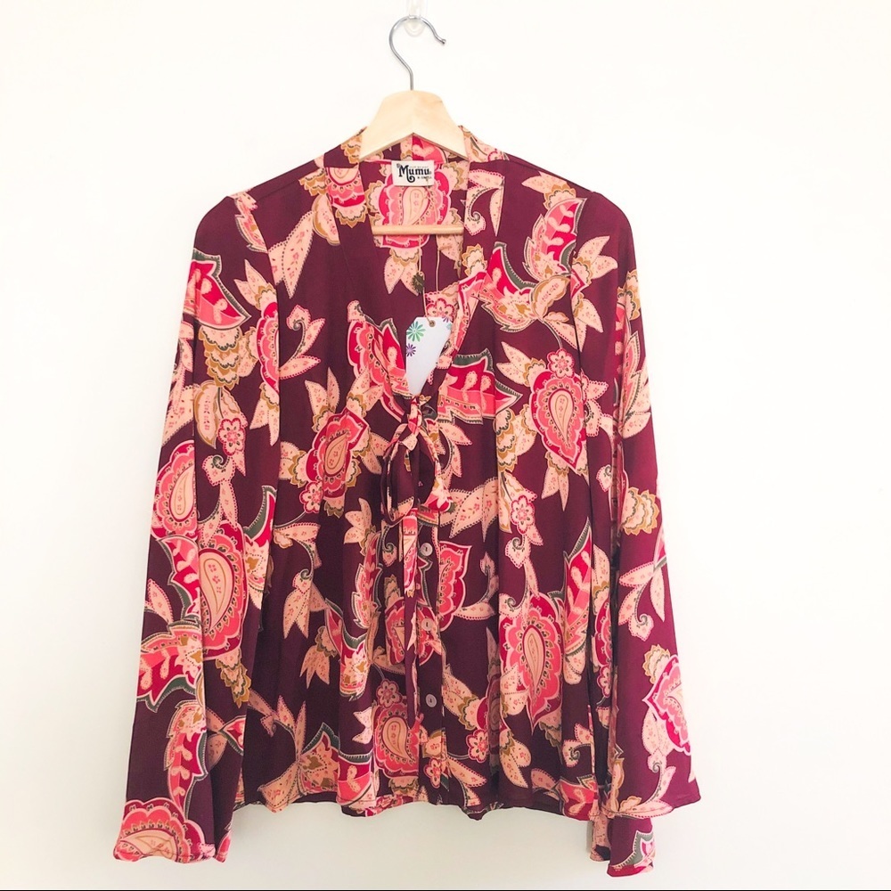 Show Me Your Mumu Brynn Paisley Boho Blouse Tie Neck Burgundy XS NWT - Picture 6 of 16